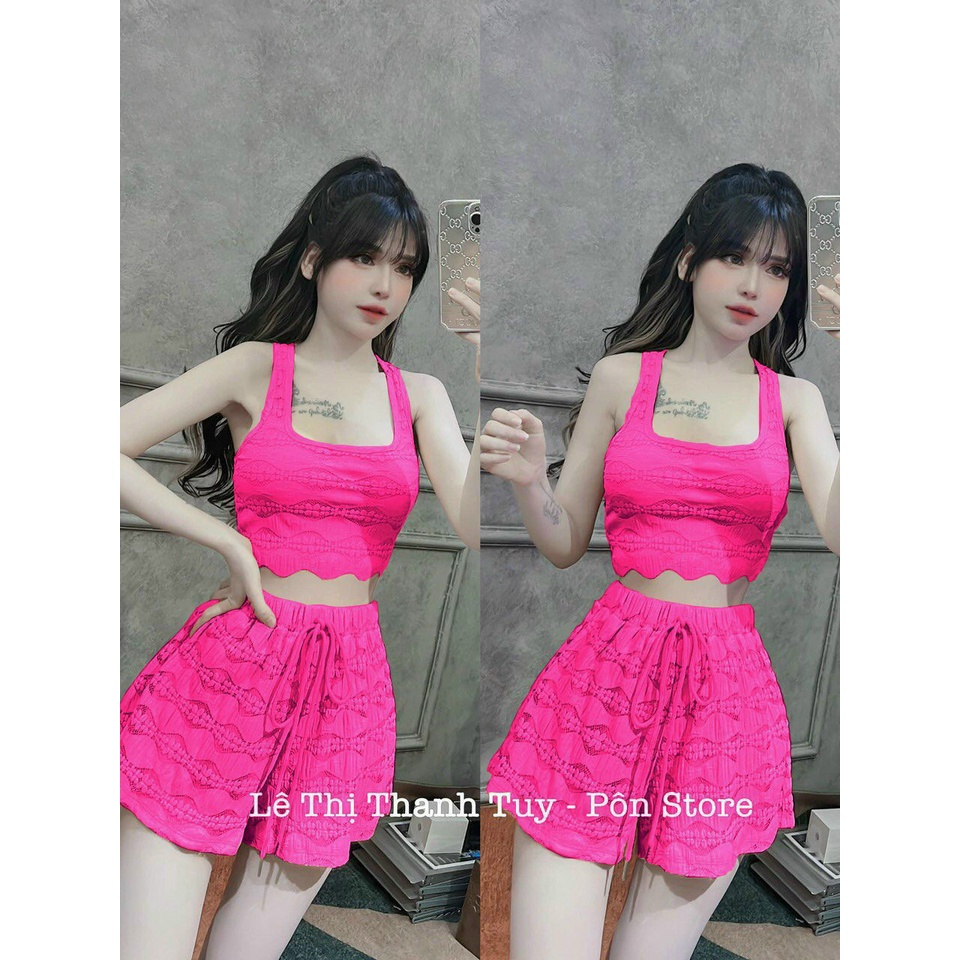 Set đồ nữ cá tính, sang chảnh đi chơi đẹp, đồ bộ nữ dễ thương chất ren 2 lớp quần short dây rút kèm áo croptop 2 dây