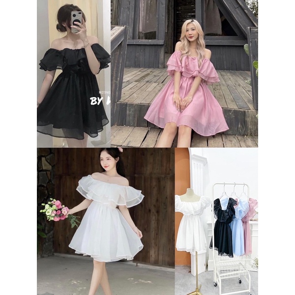 Váy voan tơ trễ vai bèo 2 tầng bồng bềnh có 4 màu