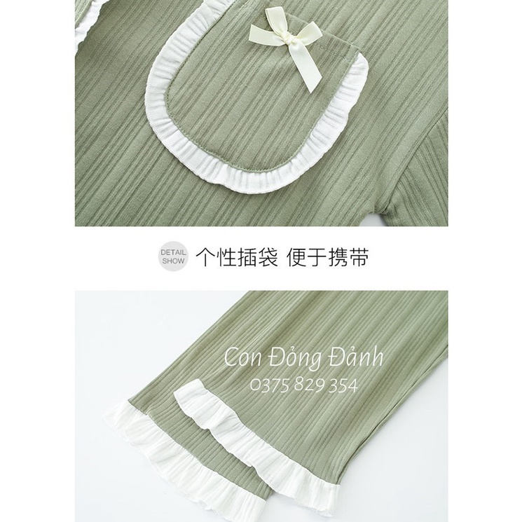 ĐỒ NGỦ NỮ dài tay GẤU ĐÁNG YÊU thắt nơ bèo nhún phong cách Hàn Quốc 2021 DN017 (Chất thun cotton mềm) | BigBuy360 - bigbuy360.vn