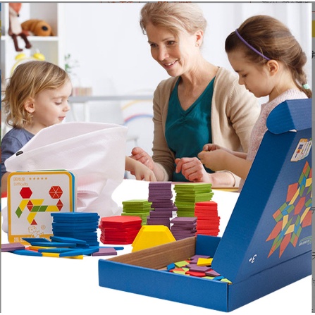Đồ chơi bộ xếp hình, ghép hình sáng tạo bằng gỗ Pattern Block 155 chi tiết cho bé - Bộ ghép hình gỗ montessori