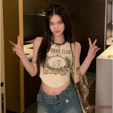 Áo Croptop Sát Nách Cổ Tròn In Họa Tiết Chữ Và Động Vật Quyến Rũ Thời Trang Cho Nữ