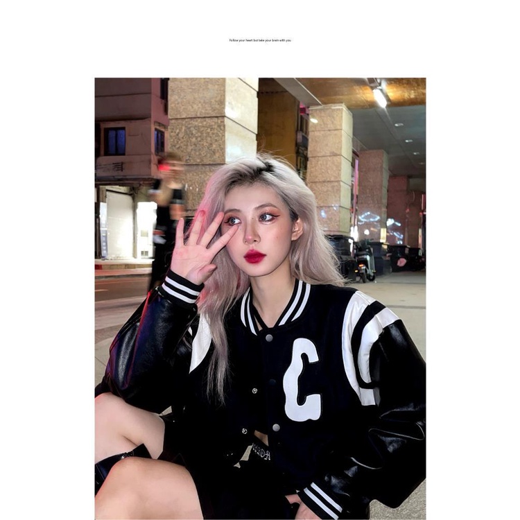 COZOK Áo khoác bóng chày tay dài dáng rộng in chữ