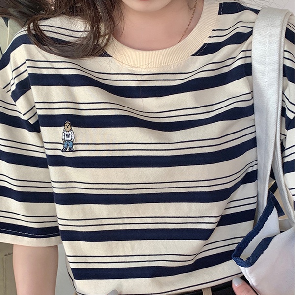 SUXI Áo thun vải cotton cổ tròn ngắn tay dáng rộng họa tiết kẻ sọc đơn giản thời trang mùa hè