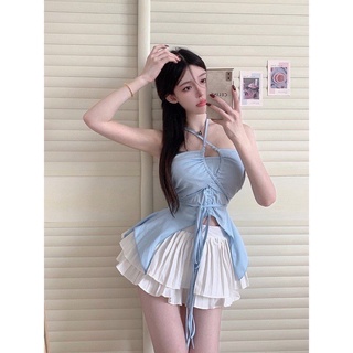 [ A-180] Áo ống dây tà dài phối kiểu form croptop ôm body dây cổ yếm chất vải thun gân len 4 chiều Free SIze dưới 53kg