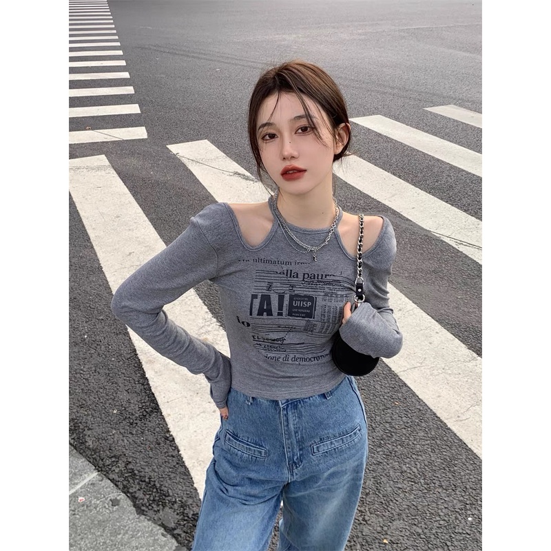 Áo len dệt kim hở vai mix hình cá tính (5812#)