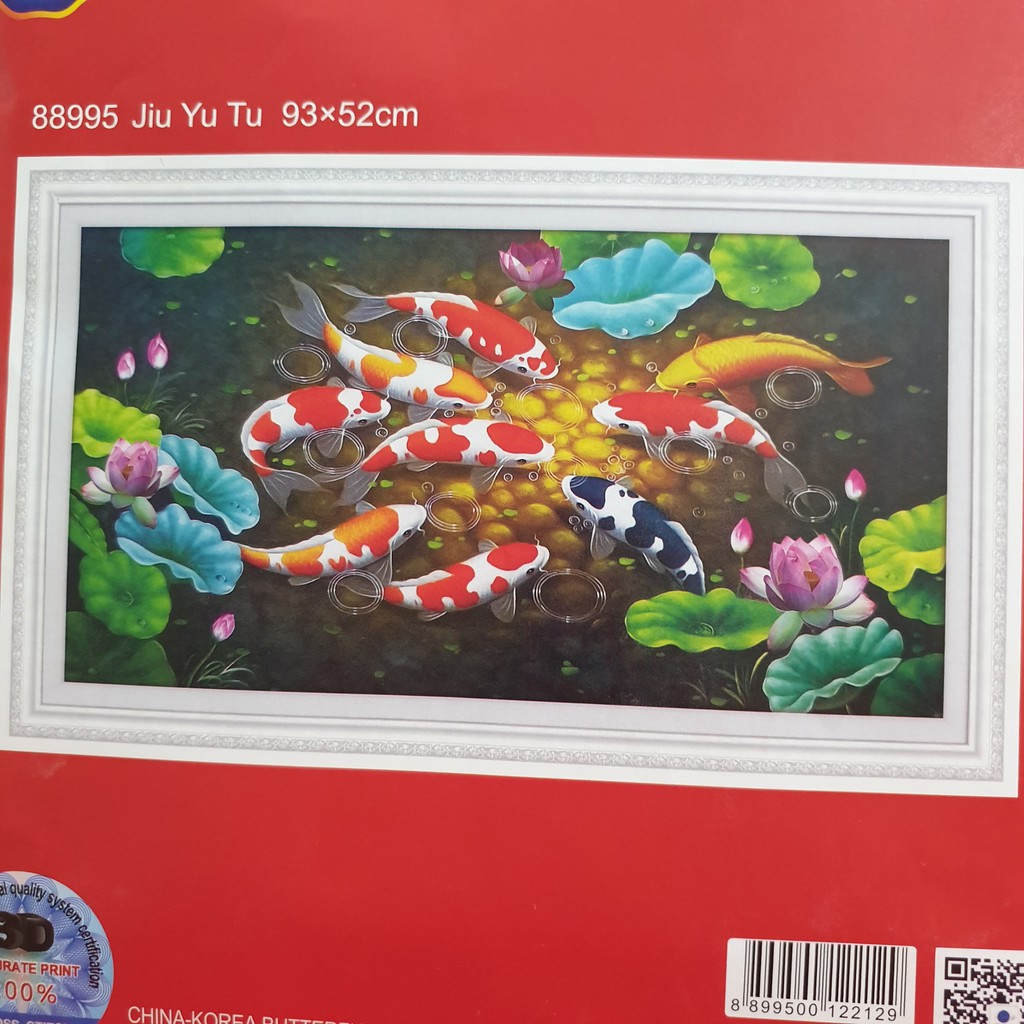 Tranh Thêu Chữ Thập CÁ CỬU NGƯ QUẦN HỘI. Kích Thước: 93cm x 52cm