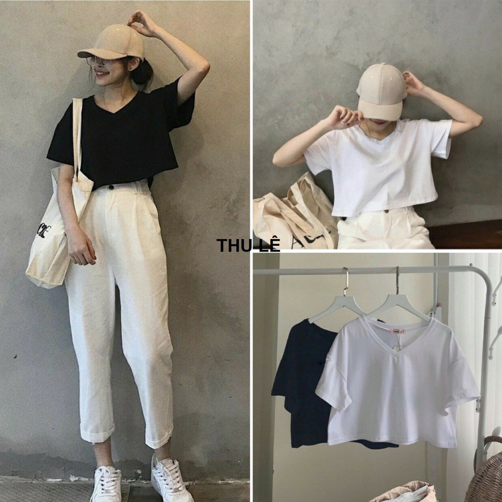 Áo Croptop Cổ Tim Trơn Tay Ngắn Form Rộng