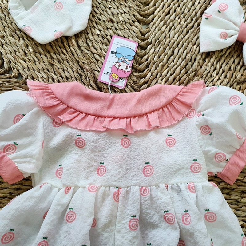 Bodysuit, Bodychip, Bộ Liền Potato Kids Màu Hồng Họa Tiết Kẹo Và Dâu Tây XInh Xắn Cho Bé (tặng kèm phụ kiện như hình)