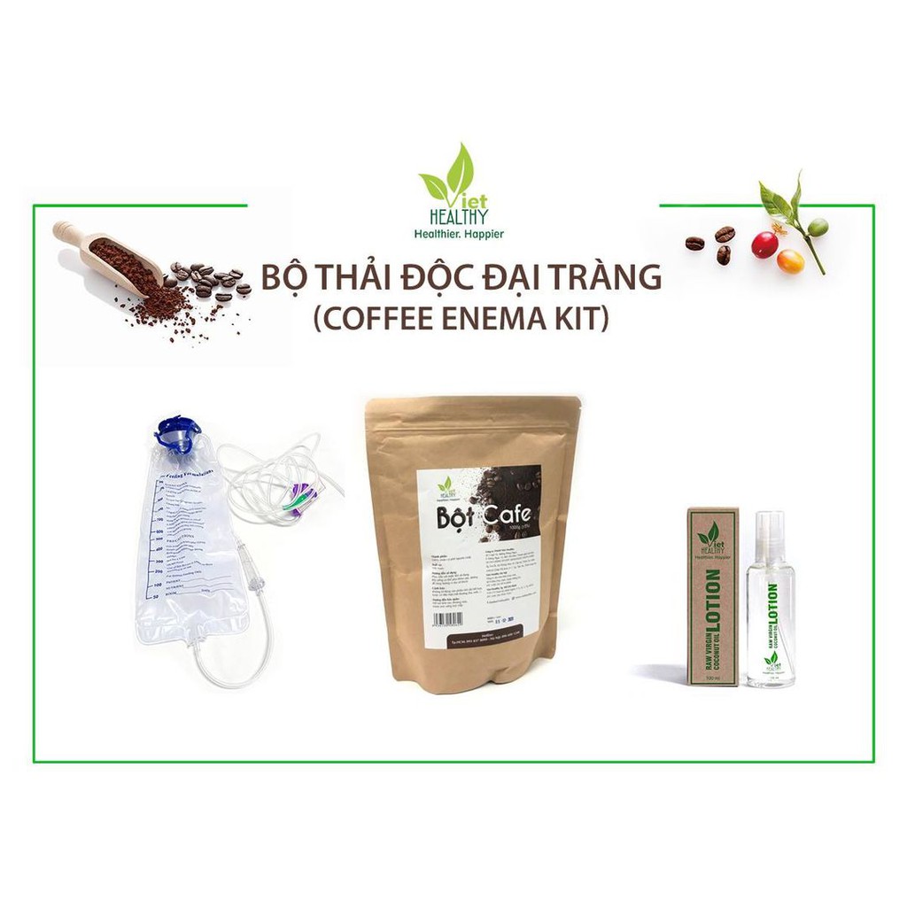 Bộ thải độc đại tràng (Coffee enema kit) gồm1 bịch caphe size 1kg, 2 túi truyền, 20 dây truyền, 1 dầu dừa