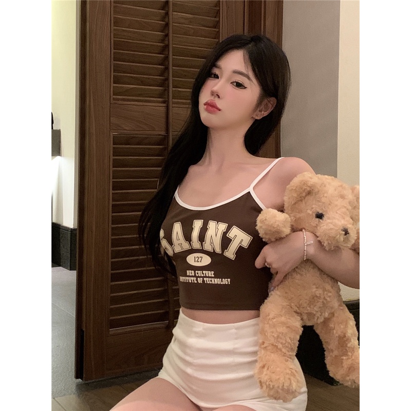 Áo Croptop Hai Dây Dáng Ôm In Chữ Thời Trang Mùa Hè Phong Cách Retro Mới