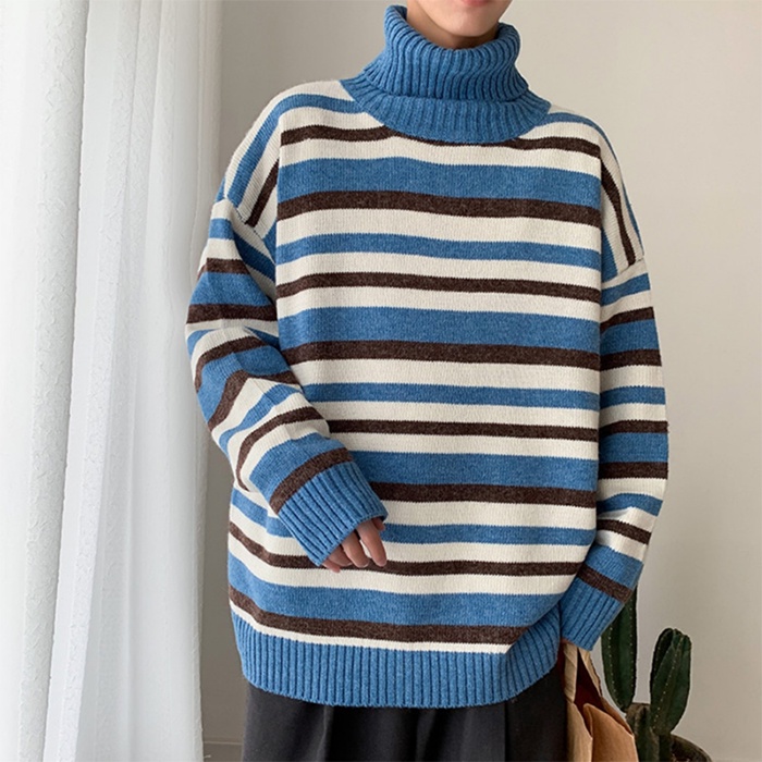 Áo len kẻ dáng rộng màu xanh nâu áo len nam nữ unisex cổ cao 5cm thời trang LOHA
