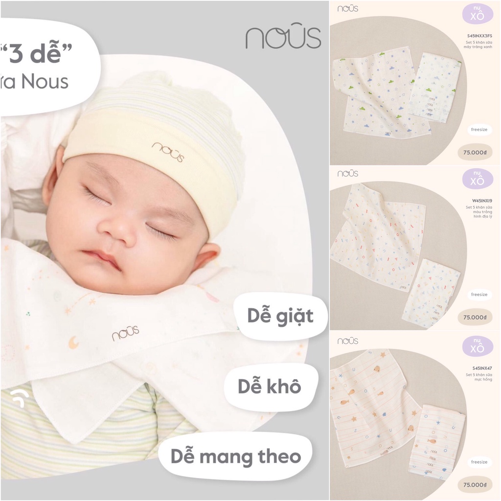 [CHÍNH HÃNG] Set 5 khăn sữa xô cho bé mềm mịn cao cấp họa tiết Nous
