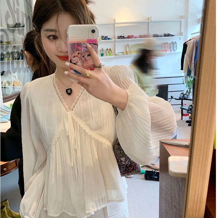 Áo kiểu BH chiffon dài tay cổ chữ V phối ren phong cách Hàn Quốc 2022 dành cho nữ