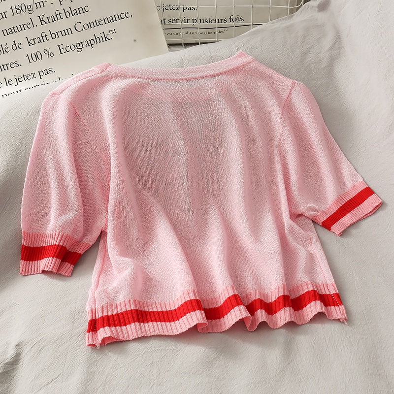 Áo thun dệt kim IELGY ngắn tay họa tiết sọc thời trang ngọt ngào cho nữ