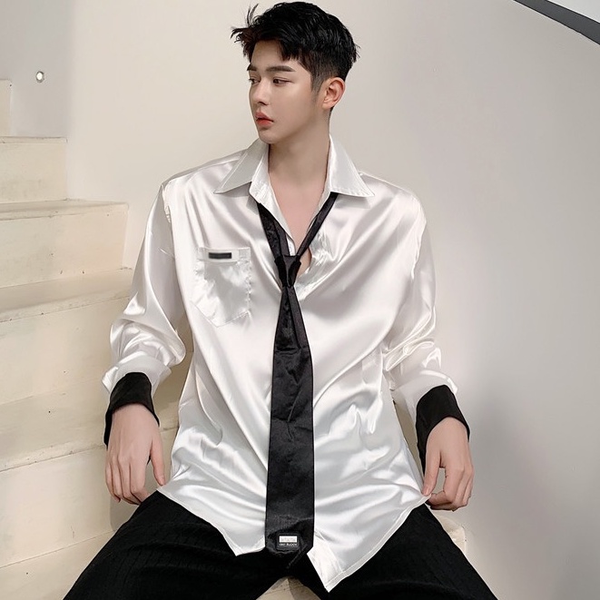 Áo Sơ Mi Lụa Satin Cao Cấp Tay Dài Màu Sắc Cà Vạt Phong Cách Hàn Quốc Cho Nam Giới