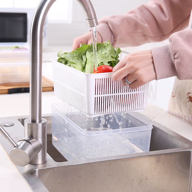 Rổ rửa trái cây ráo nước có nắp đậy thiết kế hai lớp đa chức năng màu trắng size S / M / L