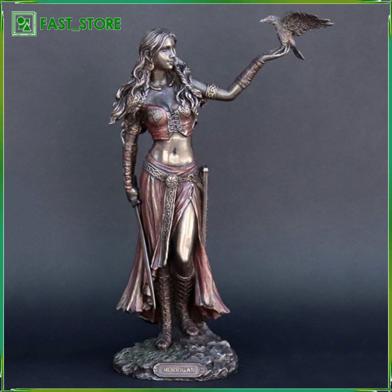 Celtic Goddess of the Battle Sword & Crow Resin Artwork Statue Morrigan Figurine Collectible, Bronze Finished