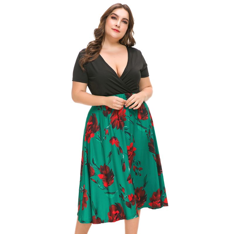 Xiangbao Đầm Ngắn Tay Cổ Chữ V Dáng Chữ A Vạt Không Đối Xứng Kích Thước Lớn Cho Nữ