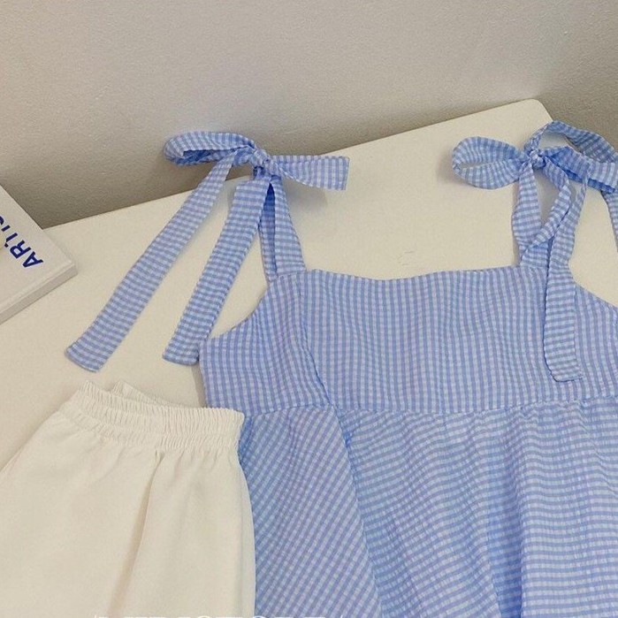 Set Áo Babydoll Kẻ Buộc Dây + Quần Shorts - Ảnh Thật - Titto Closet