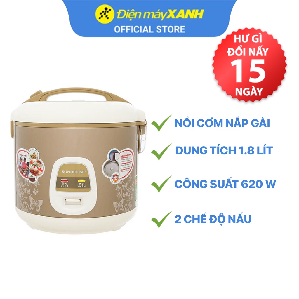 Nồi cơm điện nắp gài Sunhouse SHD 8661 1.8 lít 620W công nghệ nấu 3D - Chính hãng BH 12 tháng