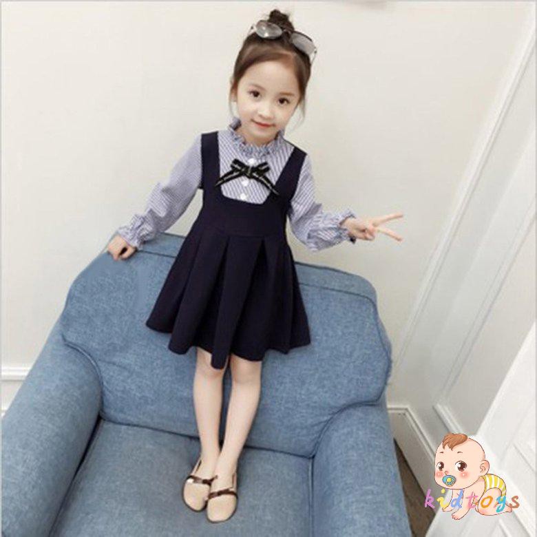 Đầm Công Chúa Giả Hai Lớp Họa Tiết Kẻ Sọc Xinh Xắn Cho Bé Gái