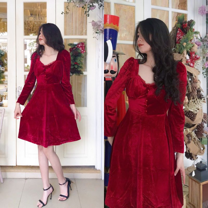 Váy nhung đỏ thu đông dự tiệc tiểu thư siêu xinh siêu sang chảnh!