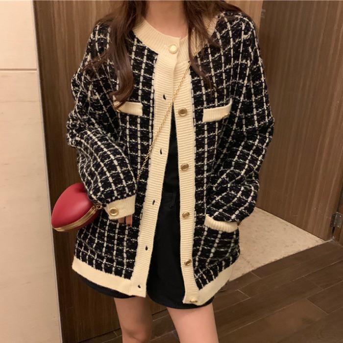 [CÓ SẴN C103] ÁO KHOÁC LEN CARDIGAN SỌC Ô PHỐI VIỀN PHONG CÁCH RETRO | BigBuy360 - bigbuy360.vn