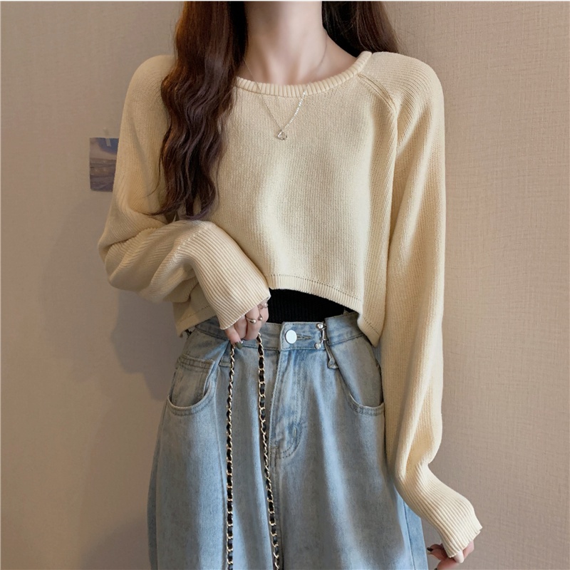 Áo Sweater Dệt Kim Tay Dài Cổ Tròn Dáng Rộng Ngắn Lưng Thời Trang Cho Nữ