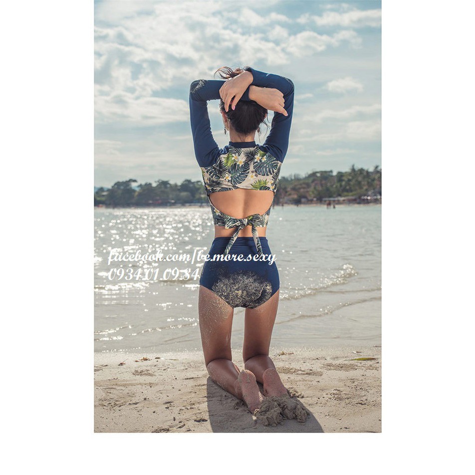 Đồ bơi dài tay Hàn Quốc croptop hoa tay xanh | BigBuy360 - bigbuy360.vn