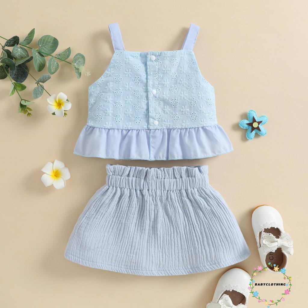 Set Đồ Mùa Hè Gồm Áo Hai Dây Cài Nút Kèm Chân Váy Hoa Eo Co Giãn Cho Bé Gái