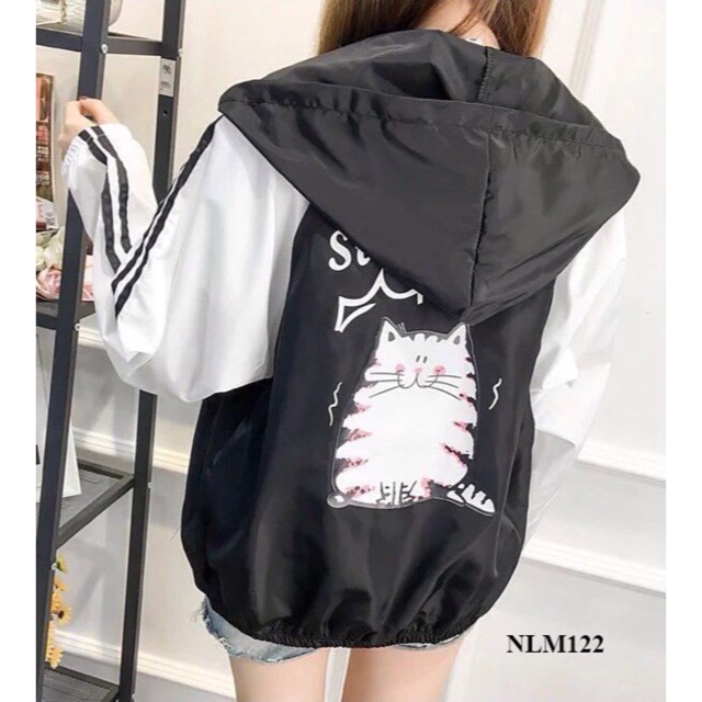 Áo khoác dù nữ in mèo Ú mập dễ thương sau lưng- ảnh thật | BigBuy360 - bigbuy360.vn