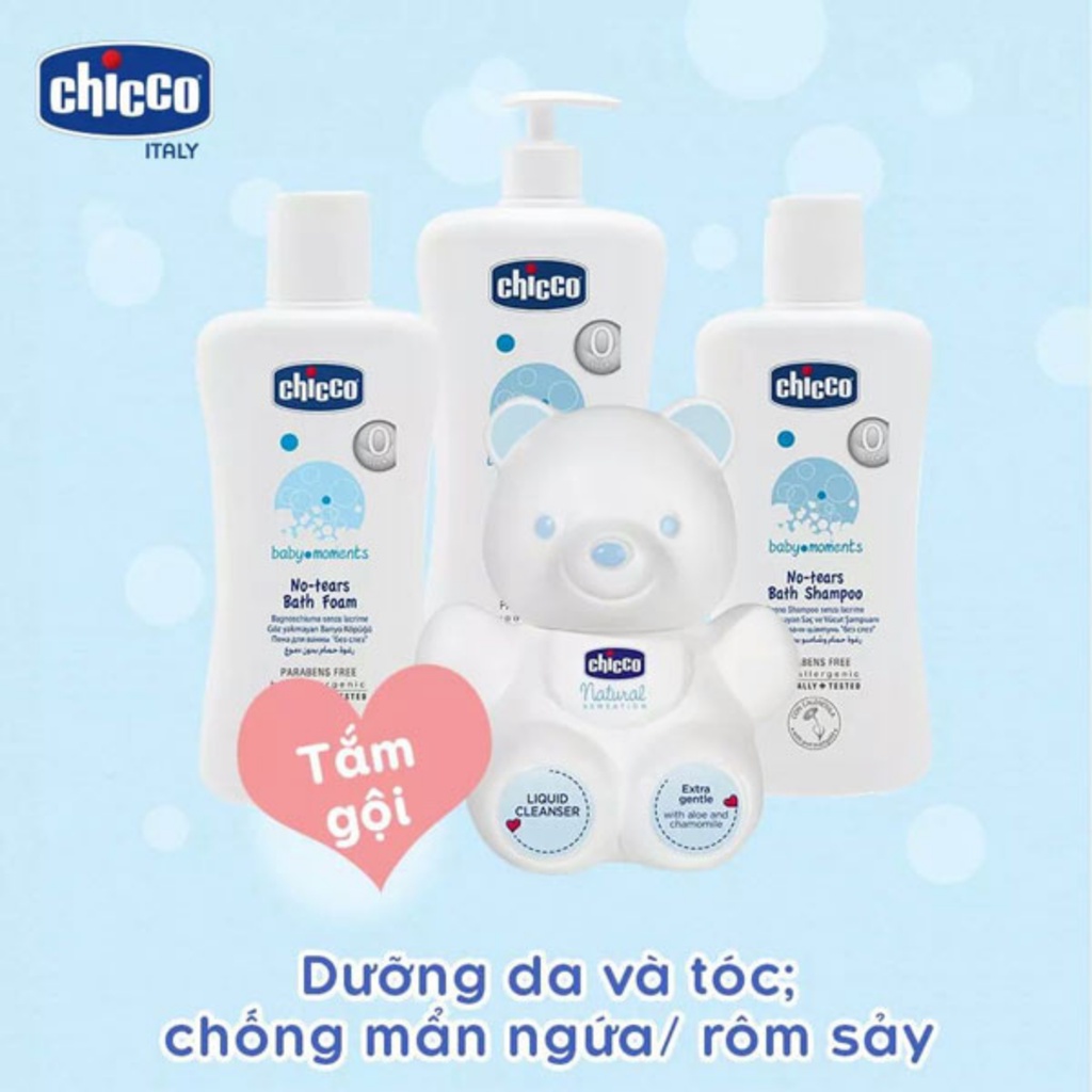 Sữa Tắm Gội Cho Bé Dưỡng Ẩm Chicco Chai 200ml và 500ml, Chống Rôm Sẩy An Toàn Cho Trẻ Từ 0M+