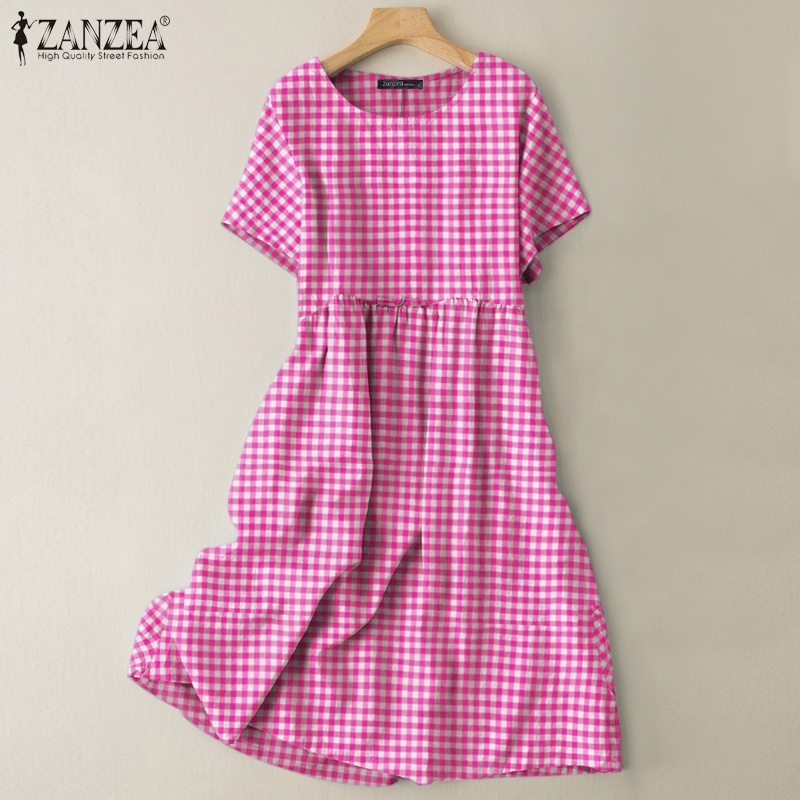 Đầm nữ ZANZEA ngắn tay cổ tròn form rộng họa tiết ca rô thời trang