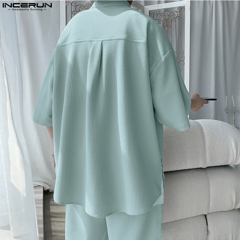 Bộ đồ INCERUN gồm áo sơ mi và quần short dáng rộng thời trang cho nam