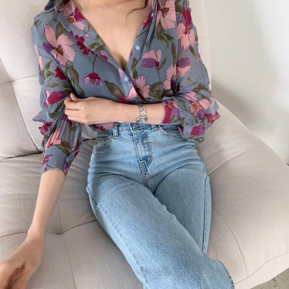 Áo Sơ Mi Voan Dài Tay In Hoa Xinh Xắn Dành Cho Nữ 2019 / Size 39t- Plus