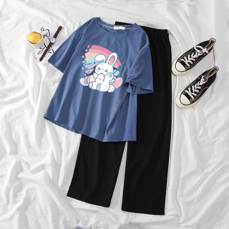 Sét Áo Thỏ cầu vồng + qần suông trơn, Áo thun from rộng, Chất đẹp không xù, quần suông ống rộng, Sét bộ mặc ở nhà - MODY