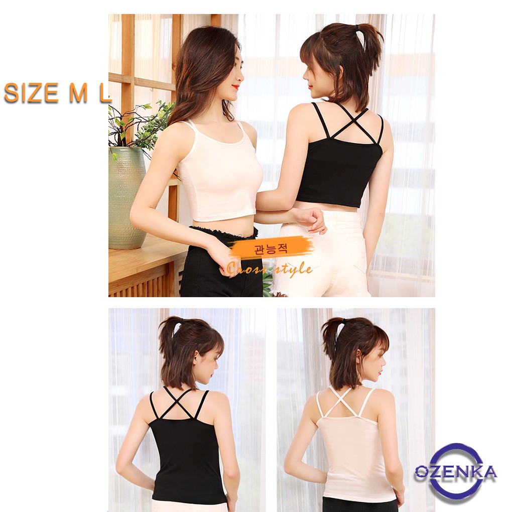 Áo 2 dây đẹp croptop chất cotton lụa mịn mát 2 màu đen trắng size m l OZENKA AD 212