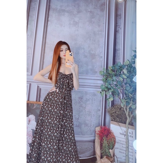 Váy hai dây lụa kèm mút ngực dáng dài maxi freesize ulzzang linh htt