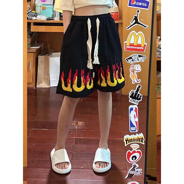 Quần short dáng rộng cạp cao họa tiết ngọn lửa phong cách hiphop đường phố retro Âu Mỹ
