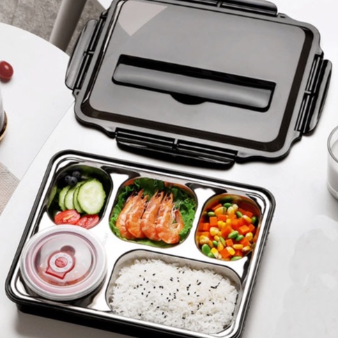 Hộp Cơm Văn Phòng Khay Inox 5 Ngăn Có Bát Để Canh Bọc Nhựa Bên Ngoài - Có Giá Điện Thoại Tặng Thìa Đũa Inox Cao Cấp