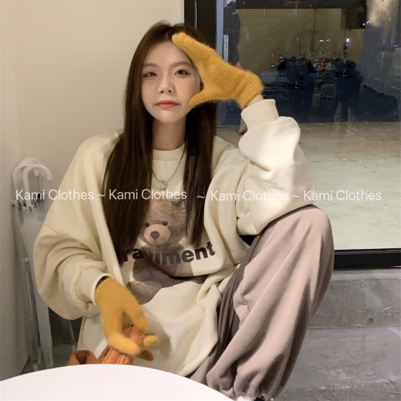 Set Bộ Nỉ Bông Áo Hoodie Dài Tay chất nỉ bông hình gấu Graviment kèm quần jogger bo gấu - KAMI Clothes