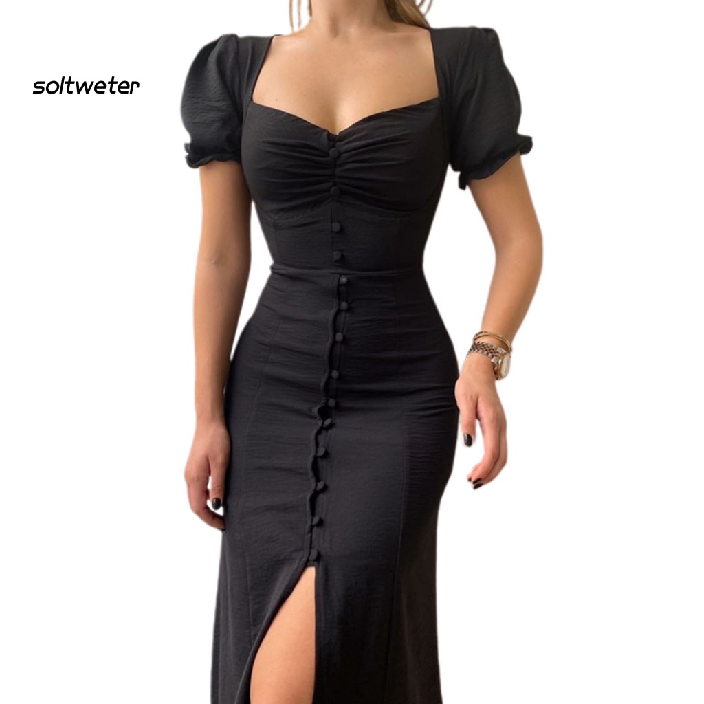 Đầm Midi Dáng Xòe Một Hàng Nút Thời Trang Đường Phố Gợi Cảm