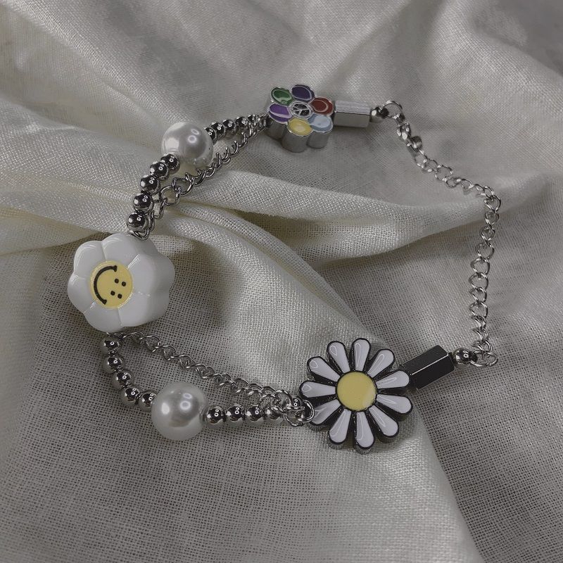 Vòng Tay Kim Loại Phối Hạt Và Mặt Hoa Thời Trang Phong Cách Hip Hop