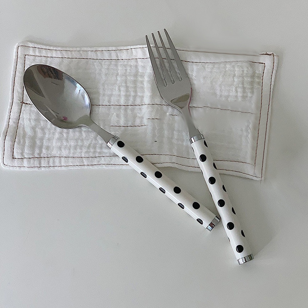 Muỗng/Nĩa bằng thép không gỉ họa tiết chấm bi phong cách retro phương Tây