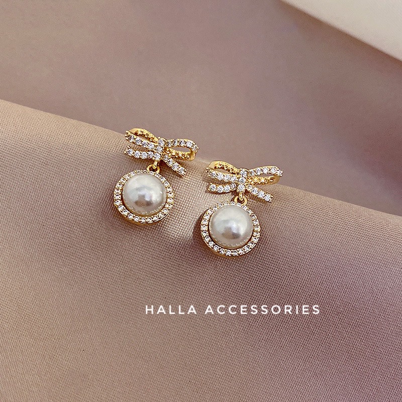 Khuyên tai bạc S925 Hình Nơ đính hạt trai cao cấp HALLA BT130