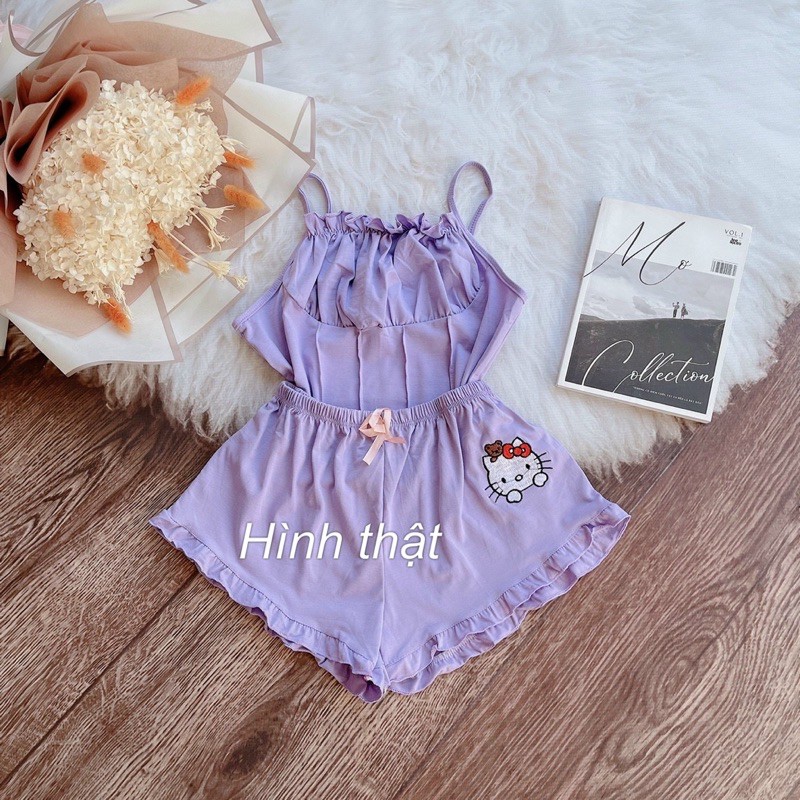 Set bộ ngủ 2 dây quần đùi bèo vải thun cotton -S0U