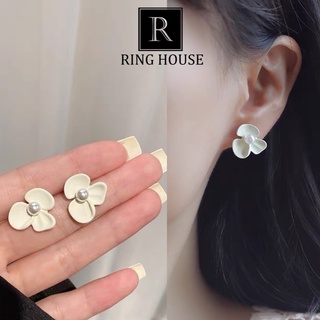 (Chuôi Bạc 925) E232 Khuyên Tai Bông Tai Nữ Hoa Trắng Ba Cánh Đẹp Ring House