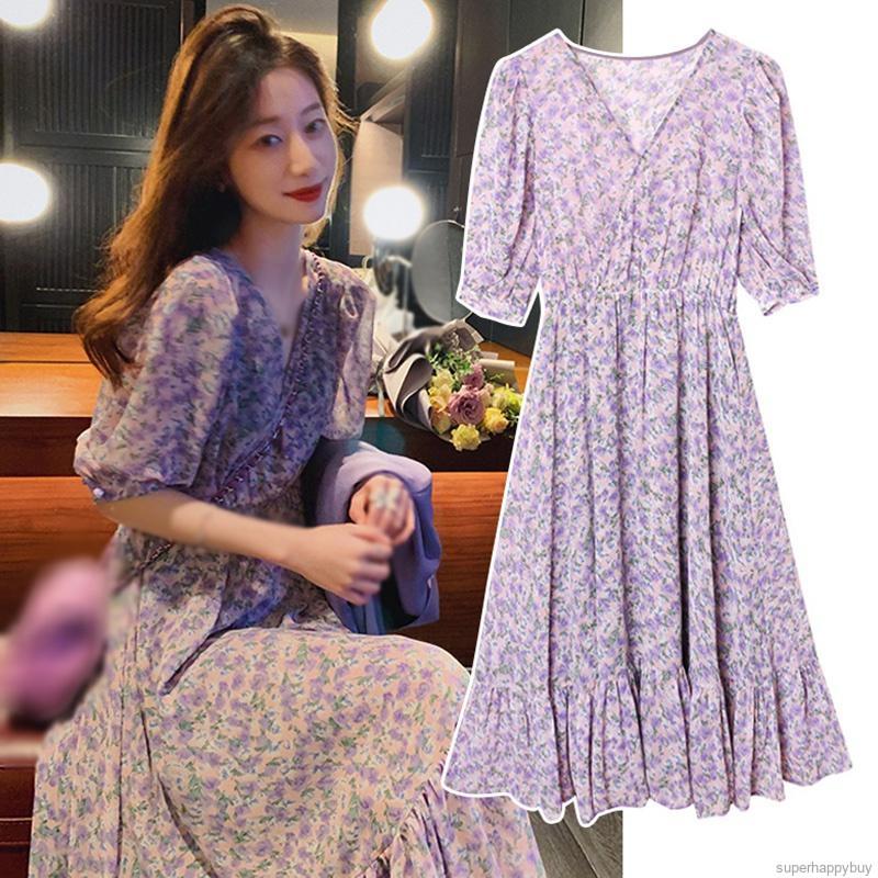 Đầm maxi tay ngắn hoạ tiết hoa thiết kế cổ chữ V thời trang nữ tính