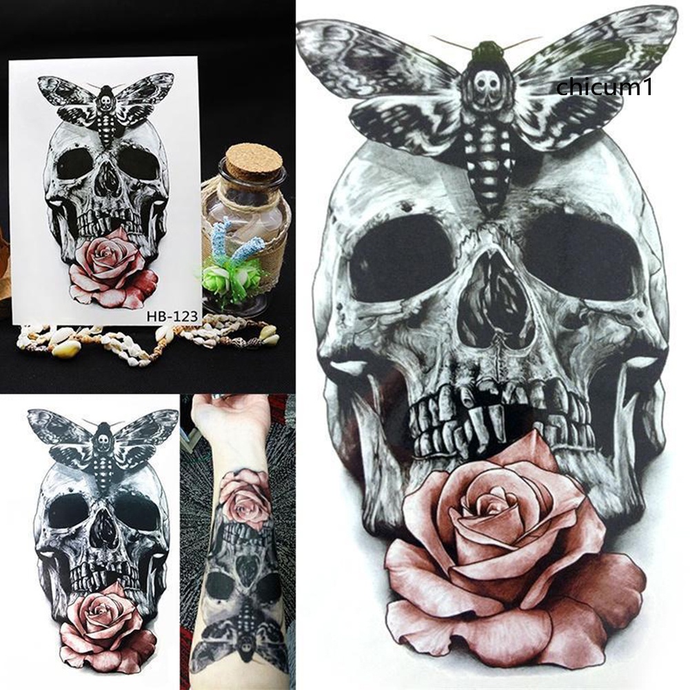 Hình Xăm Dán Tạm Thời Hình Đầu Lâu Và Hoa Chống Thấm Nước Thời Trang