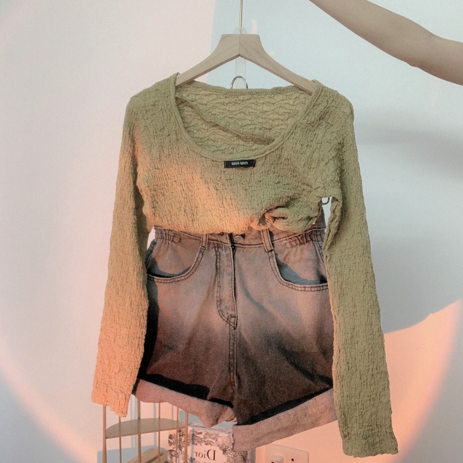 Áo croptop nữ dài tay cổ tròn Shynstores vải xốp nhún cao cấp siêu xinh